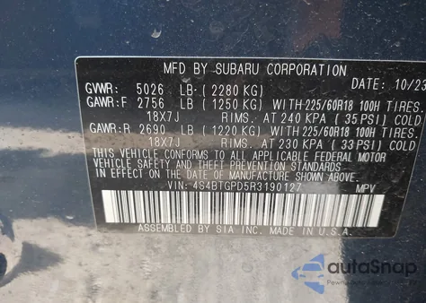 2024 Subaru Outback Touring Xt z USA, uszkodzony, nr VIN 4S4BTGPD5R3190127